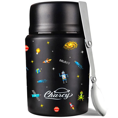 Charcy 17oz Kids Thermo for Hot Food - Soup Thermo with Folding Spoon - Insulated Food Jar for Hot & Cold Food - Black Pixel Space