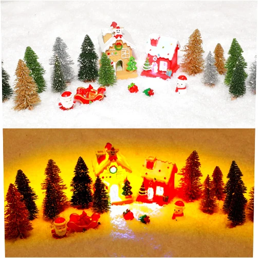 Sratte 29 Pcs Christmas Village Scene Set Mini Pine Trees Artificial Mini Trees Bottle Brush Trees with Snowmen, Miniature Ornaments for Christmas Village Decoration Ornaments Winter Holiday Decoration
