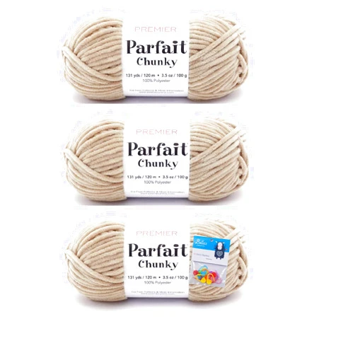 Bella's Crafts Premier Yarns Parfait Chunky - 3.5 Oz - #6 Super Bulky Weight - 3 Pack Bundle with Bella's Crafts Stitch Markers (Toffee)