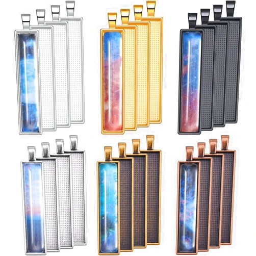 Hicarer 48 Pieces 6 Colors Pendant Tray Rectangle Bezel Blanks Set Include 24 Rectangle Pendant Trays with 24 Clear Glass Cabochon Domes for DIY Resin Craft Photo Necklace Jewelry Making
