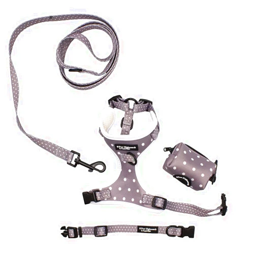 Paw Highness Dog Walking Harness, Collar, Leash & Poo Bag Holder Set in Grey Polka Dot Large