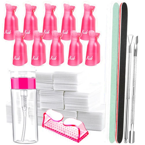 FANDAMEI Nail Polish Gel Remover Tools Kit with Nail Clips, 100ml Nail Polish Remover Bottle, 500 Nail Remover Cotton Pad, Nail Brush, Cuticle Pusher/Peeler, 100/180 Nail File,Buffer Block