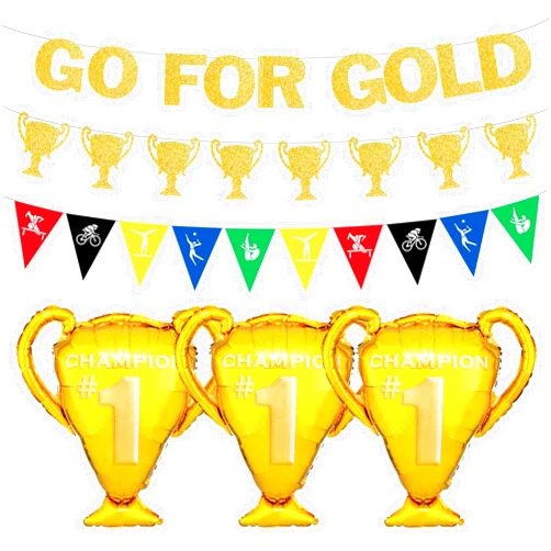 Dreasmt Go For Gold Glitter Banner Trophy Banner Balloons Sport Themed Party Decorations, Sports Games Party Decoration Balloons Banner
