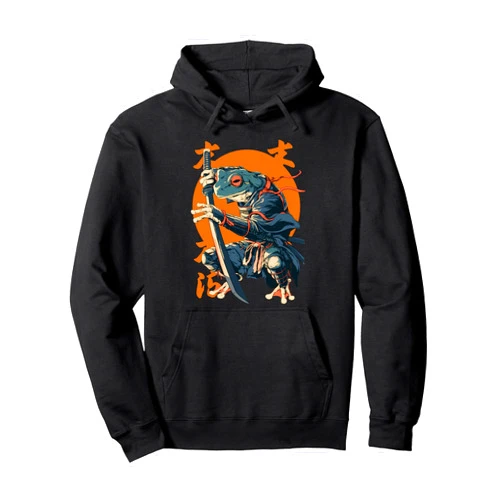 Frog Samurai Illustration Katana Sword Art Samurai Frog Japanese Kanji Samurai Frog Pullover Hoodie