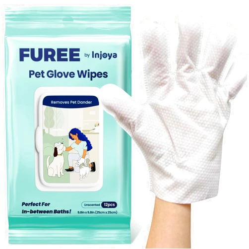 INJOYA INSPIRING JOY IN ANIMALS Injoya Pet Glove Wipes, Resealable Pack of 12 Pet Grooming Gloves, Portable Deodorizing Cleaning Gloves for Dogs, Non-Toxic, Lick Safe, Mild Fresh Scent, Hypoallergenic, Moisturizing, Bath Alternative
