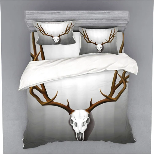 Lunarable Antler Duvet Cover Set, Realistic Deer Skull Large Horns Elk Skeleton on Abstract Backdrop Print, 4 Piece Bedding Set with Shams and Fitted Sheet, King Size, Brown White Grey