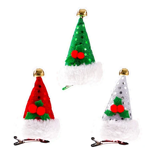 Beaupretty Santa Hat Hair Clips Sequin Minni Hat Hair Pins with Bells Lovely Christmas Plush Hair Barrettes for Girls Women, 3pcs