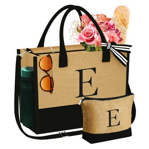 YOOLIFE Valentines Day Gifts for Her - Initial Jute Tote Bag & Makeup Bag, Birthday Gifts for Women Teacher Mom Wife Friend