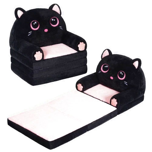 QIUODO Kids Couch Fold Out, Velvet 2-in-1 Flip Open Couch for Toddlers, Comfy Toddler Chair for Reading and Napping, for Boys and Girls (Black & Pink Kitty)