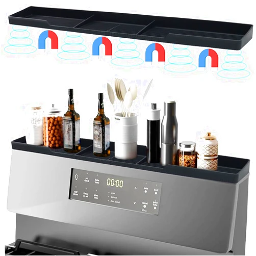 Linda's Essentials Silicone Magnetic Stove Shelf For Back Of Stove - Over The Stove Shelf, Magnetic Stove Top Shelf, Over The Stove Spice Rack, Oven Shelf For Top Of Stove, Heat Resistant, Includes 6 Extra Plates, Black