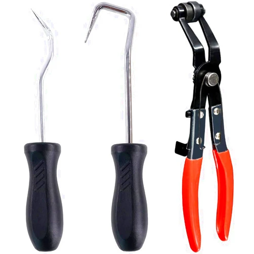 Swpeet 3Pcs Hose Clamp Plier Set, Including 2Pcs Hose Removal Hook Set with 45° Flat Band Hose Clamp Plier Angled Swivel Jaw Locking Car Water Pipe Perfect for Hose Installations
