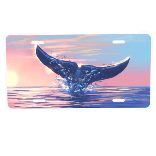 FeHuew Oil Painting Whale Tail Sunset License Plate Front Car Decorative Novelty Auto Plate Car Tag Vanity Gift Metal Aluminum Plate for Women/Man 12x6 inch Wall Decor