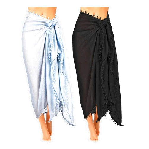 Boao 2 Pieces Women Sarong Coverups Long Sarong Plus Size Beach Wrap with Tassel Chiffon Swimsuit