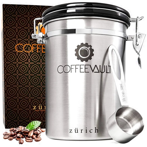 Zurich Coffee Canister for Ground Coffee with Scoop, 22oz CoffeeVault Coffee Container for Ground Coffee and Coffee Bean Storage, Coffee Storage Airtight Canister with CO2 Valve to Keep Coffee Fresh
