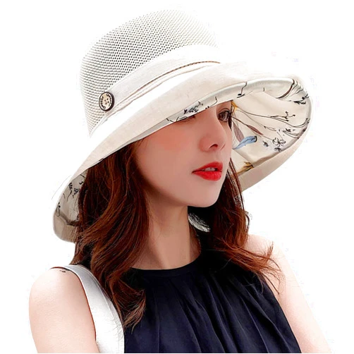 Mealah Mesh-Sun-Hats Women's-Foldable-Fishing-Hat Wide-Brim Summer Outdoor UV-Protection-Beach-Bucket-Cap with Chin Strap
