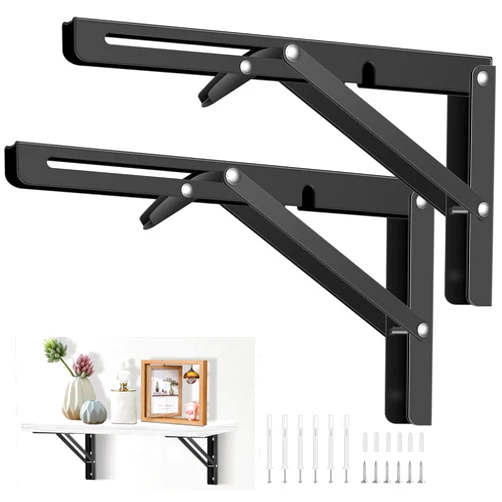 Pynsseu 16 Inch Folding Shelf Brackets, Pynsseu Heavy Duty Stainless Steel Collapsible Black Shelf Bracket, DIY Triangle Folding Shelf Bracket Wall Mounted for Table Work Bench Space Saving, 2 Pack