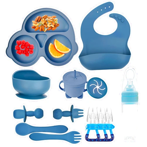 MIICASA Silicone Baby Feeding Set, Baby Led Weaning Supplies Kit With Suction Bowl & Car Plate, Bib, Spoon, Fork, Cup - Food-Grade Silicone, Dishwasher-Safe, No BPAs - For 3+ Months