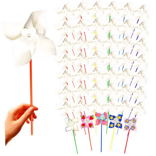 4E's Novelty DIY Pinwheels Craft for Kids (24 Pack) Color Your Own White Pinwheels, Bulk Summer Spring Craft Kit for Boys & Girls, Arts and Craft Party Activity, Patriotic 4th of July Crafts