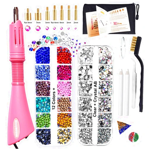 esseelove Hotfix Applicator, DIY Hot Fix Rhinestone Setter, Hot Fixed Wand Kit, 4536 Pcs, AB, Clear, 12 Colors, Gem Picker, Brush, Trays, Bag, Bedazzler Kit with Rhinestones