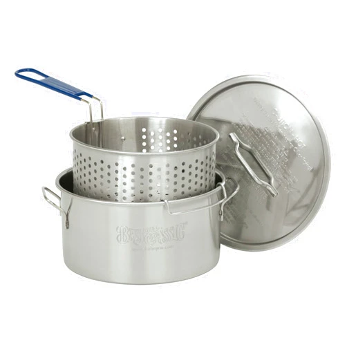 Bayou Classic 1150 14-qt Stainless Fry Pot Features Heavy Welded Handle Stainless Lid and Stainless Perforated Basket w/ Cool Touch Handle Perfect For Frying Fish Shrimp or Hushpuppies