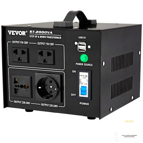 VEVOR Voltage Converter Transformer,2000W Heavy Duty Step Up/Down Transformer Converter(240V to 110V, 110V to 240V),2 US&1 UK&1 EU Outlet with Circuit Break Protection,5V USB Port,CE Certified