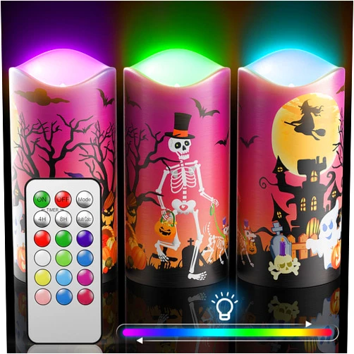 GUCAYOS Halloween Candles with 12 LED Light Colors, Battery Operated Flameless Candles, Halloween Decorative Candles with Remote Control Colors and Timer, 3 x 6 Inch, Set of 3
