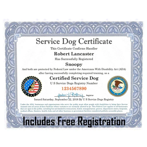 Just 4 Paws Official Certified Service Dog Customized Certificate with Raised Embossed Gold Seal | Includes Registration at US Service Dogs Registry