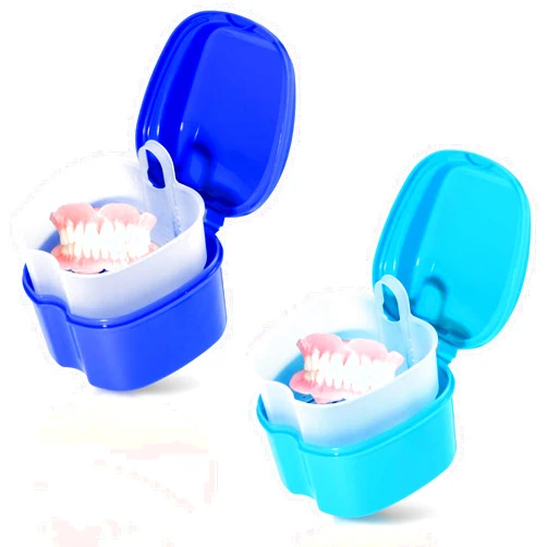 KISEER 2 Pack Colors Denture Bath Case Cup Box Holder Storage Soak Container with Strainer Basket for Travel Cleaning (Light Blue and Blue)