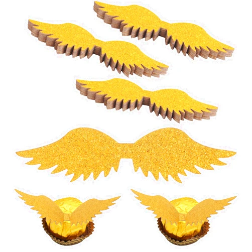 CCINEE 50 Pcs Gold Wings Wizard Chocolate Decoration Golden Wings Wafer Cupcake Toppers with Glue Point Dots for Themed Party Birthday Cake Wedding