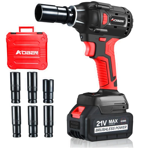 AOBEN 21V Cordless Impact Wrench, 400N.m Max Torque, 3000rpm Speed, 4.0Ah Li-ion Battery, 6Pcs Driver Sockets, Fast Charger, Tool Bag