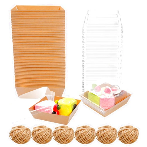 TANEMUDO 200 Pack Charcuterie Boxes with Clear Lids and Rope for 4 Inches Cake Boxes Disposable Square Dessert Food Containers for Bakery Cookies Strawberries Fruits Display
