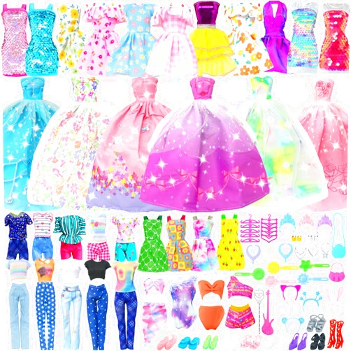 BJDBUS 50 Pcs Doll Clothes and Accessories, 2 Wedding Gowns 4 Fashion Dresses 2 Tops 2 Pants Outfits 2 Swimsuits Bikini 10 Shoes 10 Hangers 17 Doll Stuffers Accessories for 11.5 inch Girl Doll