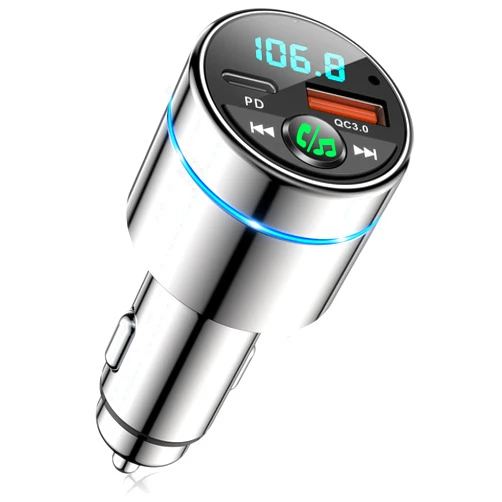 RIWUSI FM Transmitter for Car Bluetooth 5.3, [All-Metal] PD 30W & QC3.0 18W Fast Car Charger, Wireless FM Radio Car Kit Bluetooth Car Adapter, Noise Cancelling Hands-Free Call, Blue Light - Silver