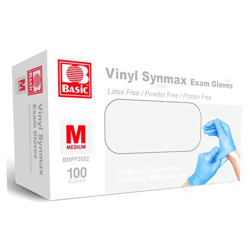 Jointown Basic Medical Synmax Vinyl Exam Gloves - Latex-Free & Powder-Free - Medium, BMPF-3002 Blue Box of 100