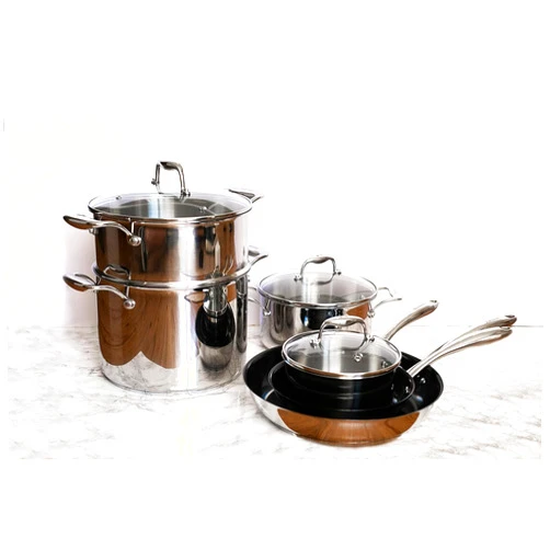 Tuxton Home Stainless Steel Cookware Set - Tuxton Home 10-Piece Stainless Steel Cooking Set with Non Stick Frying Pans, Casserole, Saucepan, Stockpot, Steamer Insert, & Lids - Stove & Oven Compatible Kitchenware