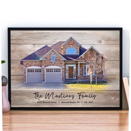 Mia Bellini Custom House Display Canvas Sign House Portrait Custom Home Portrait on Rustic Wood Background Custom House Housewarming Sign