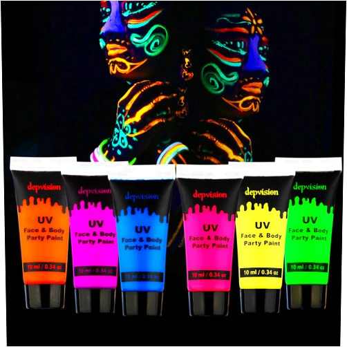 Torbers Depvision Glow in the Dark UV Face and Body Paint 6*10ml Neon Blacklight 0.34oz Reactive Fluorescent for Christmas Halloween Party Non-toxic