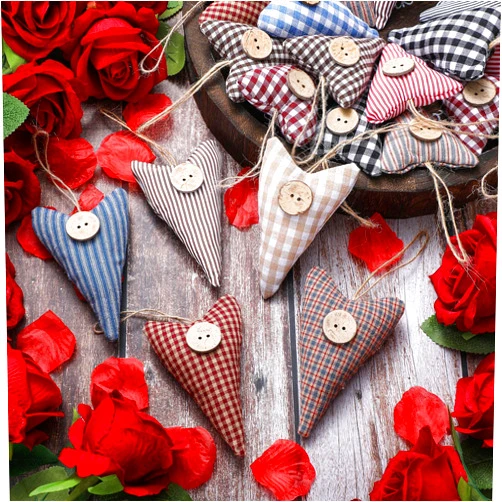 Syhood 24 Pcs Rustic Fabric Heart Ornaments Primitive Homespun Cotton Love Ornament Paired with Wood Button Farmhouse Fabric Heart Decor for Anniversary Engagement Wedding Party Home Decor Gifting
