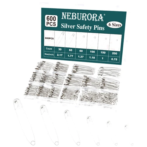 NEBURORA 600 Pcs Silver Safety Pin Assorted 6 Different Sizes Small and Large Safety Pins for Clothes Office Sewing Craft and Arts Pinning