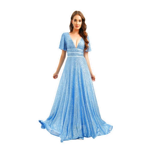 Narcia Sparkling Sky Blue Sequined Evening Gown with Butterfly Sleeves and V-Neckline