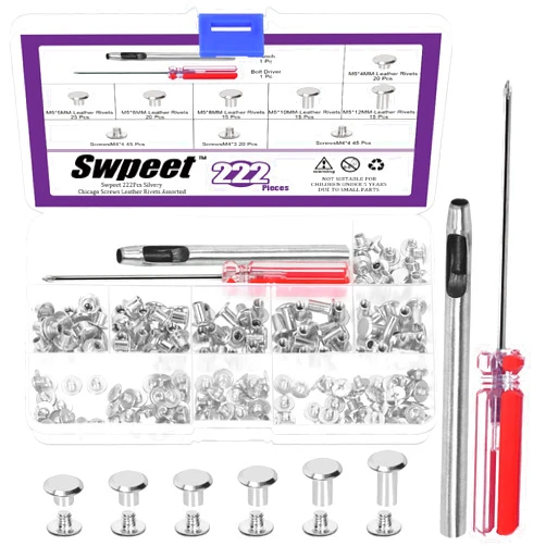 Swpeet 110 Set 6 Sizes M5 x 4mm/5mm/6mm/8mm/10mm/12mm Silver Leather Rivets Chicago Binding Screws with Install Tools Assortment Kit, Screw Rivets M5 Chicago Binding Screws for Repair Leather
