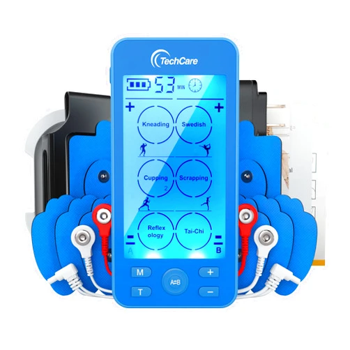 TechCare Massager Tens Unit Plus 24 Rechargeable Electronic Pulse Massager Machine Multi Mode Device with All Accessories (Blue)