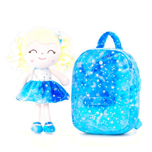 Gloveleya Toddler Backpack Baby Girl Gifts Plush Curly Girl Doll Backpacks Blue Dress with Glitter Stars 9 inches