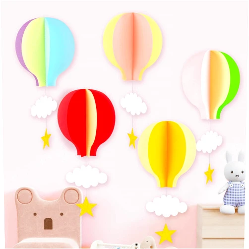 Vomika Colorful Fantasy Hot Air Balloon Hanging Paper Decorations Garland Pack of 5 Big Size with Clouds Stars for Kids room, Baby Shower, Birthday party, Wedding part