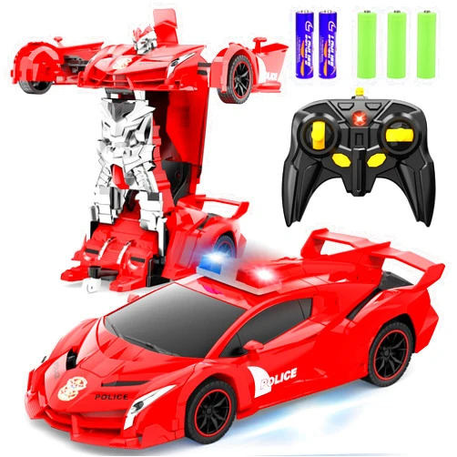 FDJ Transform Remote Control Car Robot, One Button Deformation to Robot with Flashing Light, 2.4Ghz 1:18 Scale Transforming Police Car Kids Toys with 360 Degree Rotating Drifting, Toys for Boys Girls