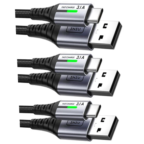 INIU USB to USB C Cable, [3 Pack, 6.6FT+1.6FT] 3.1A Type C Cord Fast Charging, Nylon USB A to USB-C Android Charger Cable for Samsung Galaxy S24 S23 S22 S21 S10 S9 iPhone 16 15 Pro Pixel 9 8 7 etc.