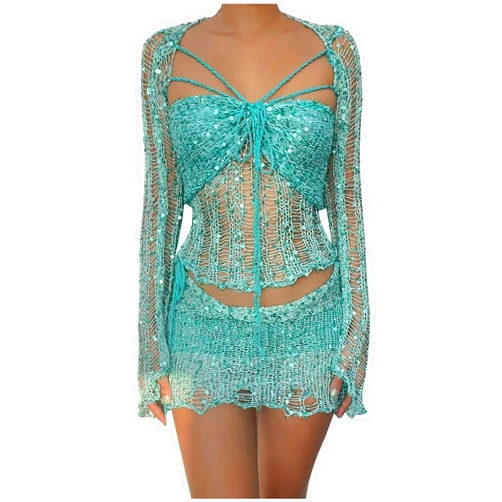XUNRYAN Women Sequin Dresses Two Piece Outfits Sparkly Glitter Evening Party Knit Beach Coverup Concert Outfit Y2K Clothes