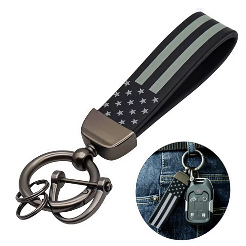 JUNJIAWU Leather Car Key Chain: American USA Flag Car Keychain with Zinc Alloy Ring Carabiner for All Car Key Accessories