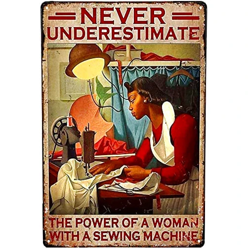 Kehkyie Retro New Metal Tin Sign Plate Black Woman with a Sewing Machine Plaque Bar Club Man Cave 12 X 8 in