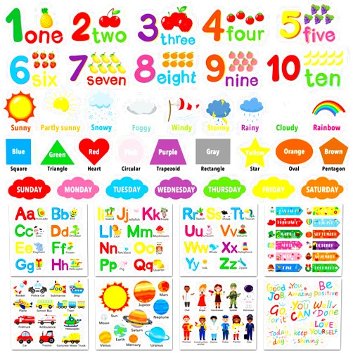 Omlisca Alphabet Numbers Wall Decals 12 Sheets Color Weather Learning Educational Wall Stickers Peel and Stick Solar System Shape Wall Decals for Kids Toddlers Classroom Playroom Bedroom Wall Decorations